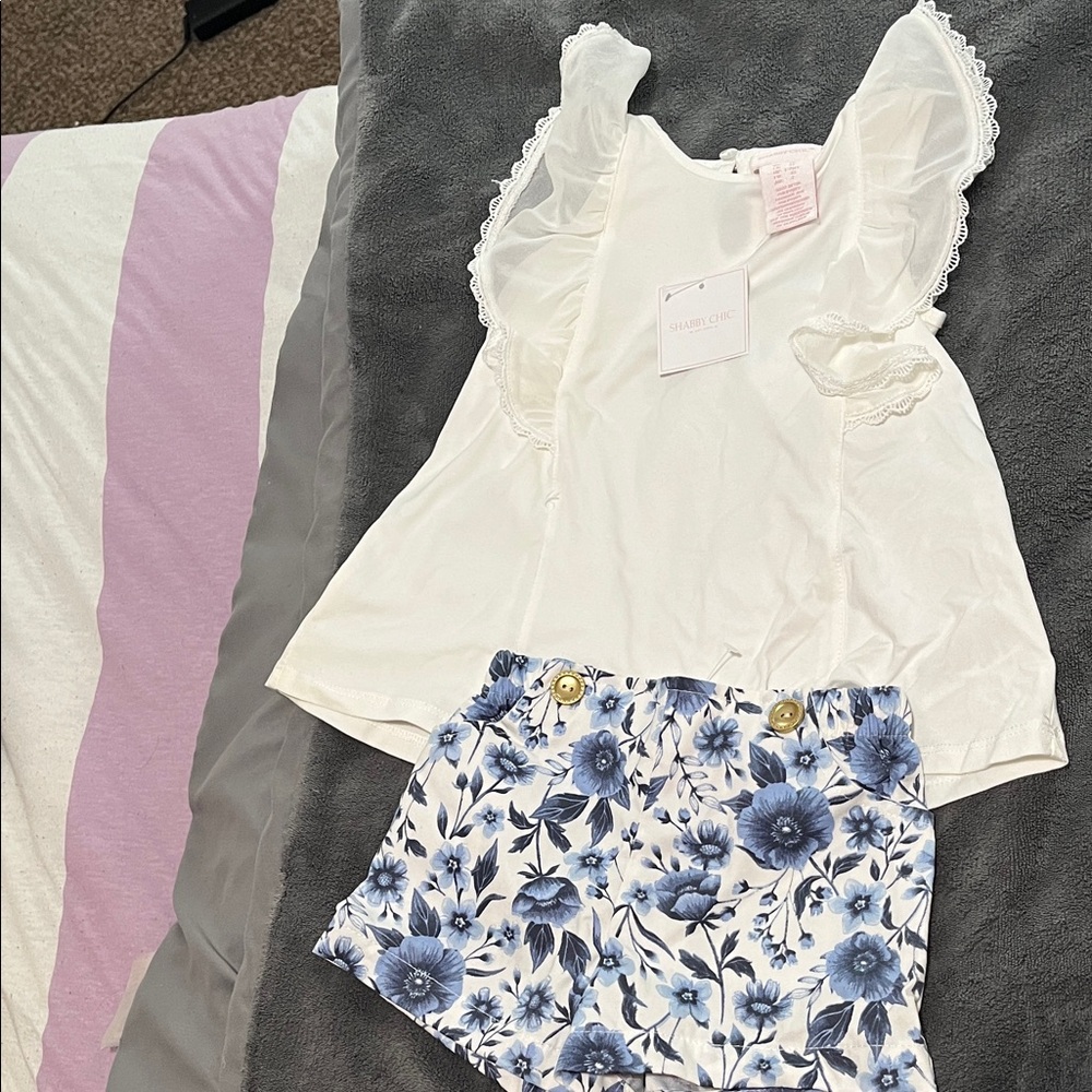 White Lace Trim Top and Blue Floral Shorts Set